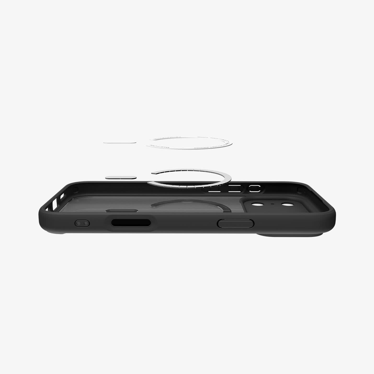 ACS10480 - iPhone 17 Pro Max Ultra Hybrid (MagFit) in Frost Black Orange showing layer and magfit magnet above the case