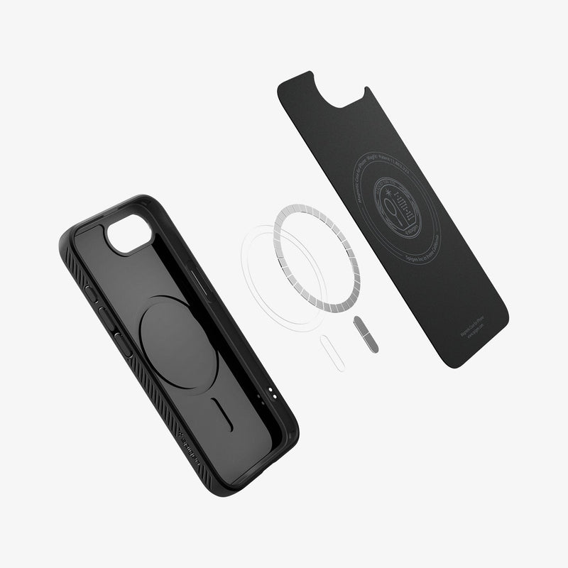 ACS09151 - iPhone 16e Case Liquid Air (MagFit) in Matte Black showing the inner layer detached, hovering above the metal ring and the case