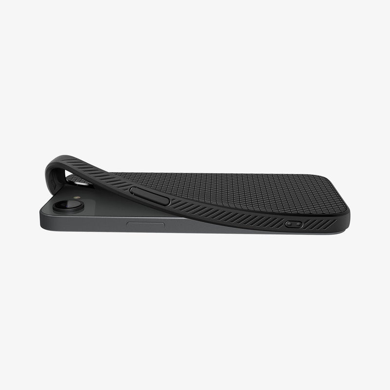 ACS09151 - iPhone 16e Case Liquid Air (MagFit) in Matte Black showing the partial back and sides while the corner is partially lifted