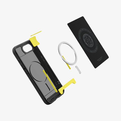 ACS09152 - iPhone 16e Case Rugged Armor (MagFit) in Matte Black showing the inner, hovering above the detached metal ring, pumpers and the case