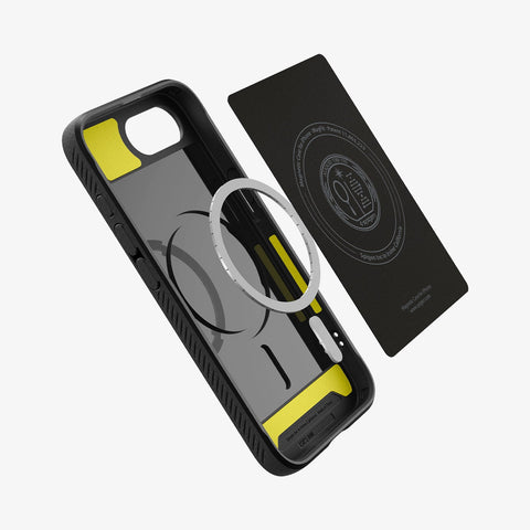 ACS09152 - iPhone 16e Case Rugged Armor (MagFit) in Matte Black showing the inner layer hovering in front of the detached metal ring and the case