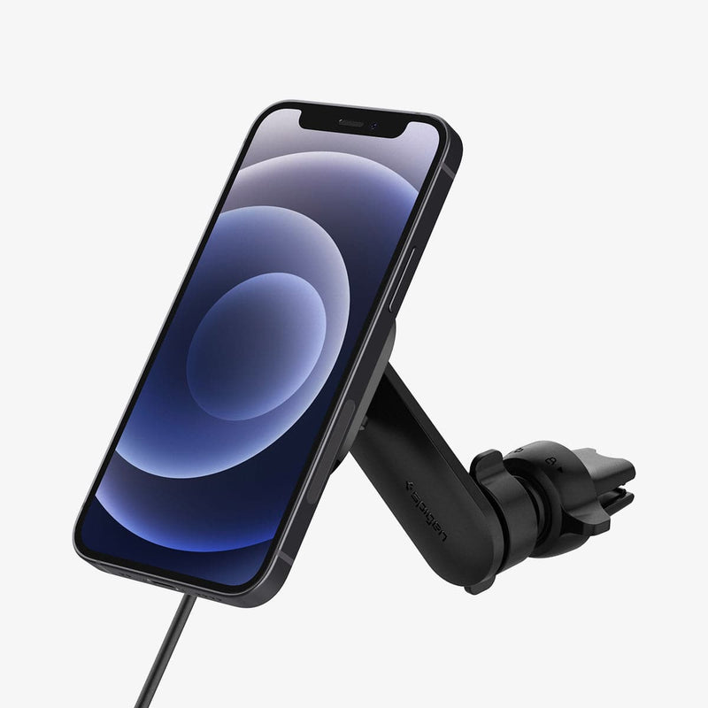 ACP02615 - OneTap Pro Wireless Magnetic Car Charger Air Vent (MagFit) in black showing the front and side with device connected