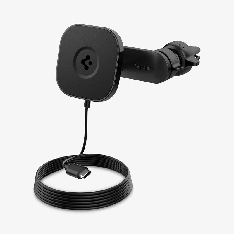 ACP02615 - OneTap Pro Wireless Magnetic Car Charger Air Vent (MagFit) in black showing the front and side with charging cable organized in a loop