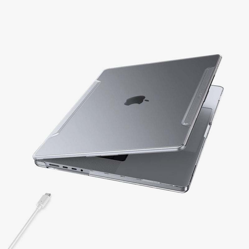 ACS04212 - MacBook Pro 14" Case Thin Fit in crystal clear showing the top and side with laptop slightly open and charging cable next to slot