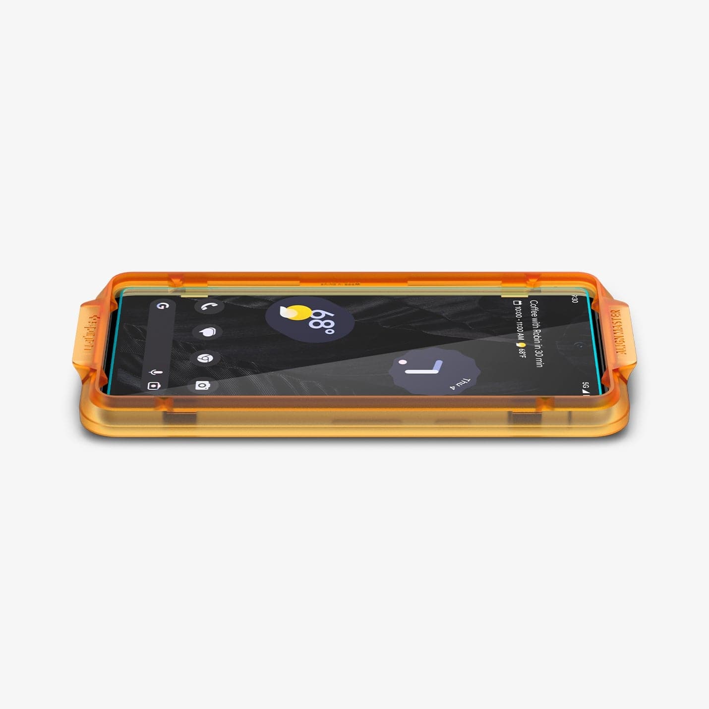 AGL05968 - Pixel 7a Screen Protector AlignMaster GLAS.tR showing the device laying flat and alignment tray installed onto device