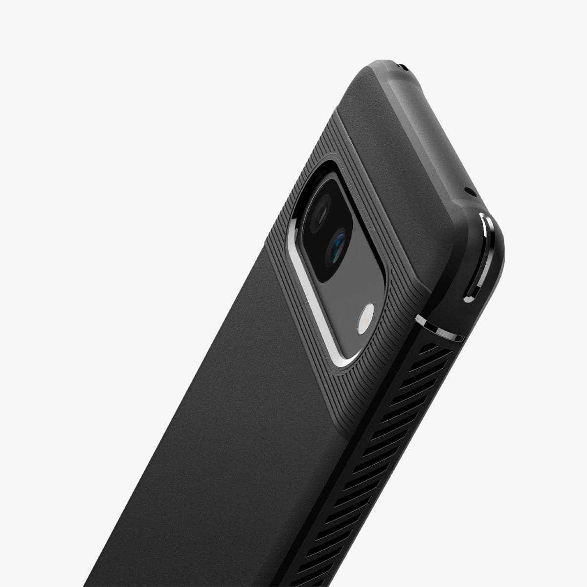 ACS05816 - Pixel 7a Case Rugged Armor in matte black showing the back and side zoomed in on camera lens