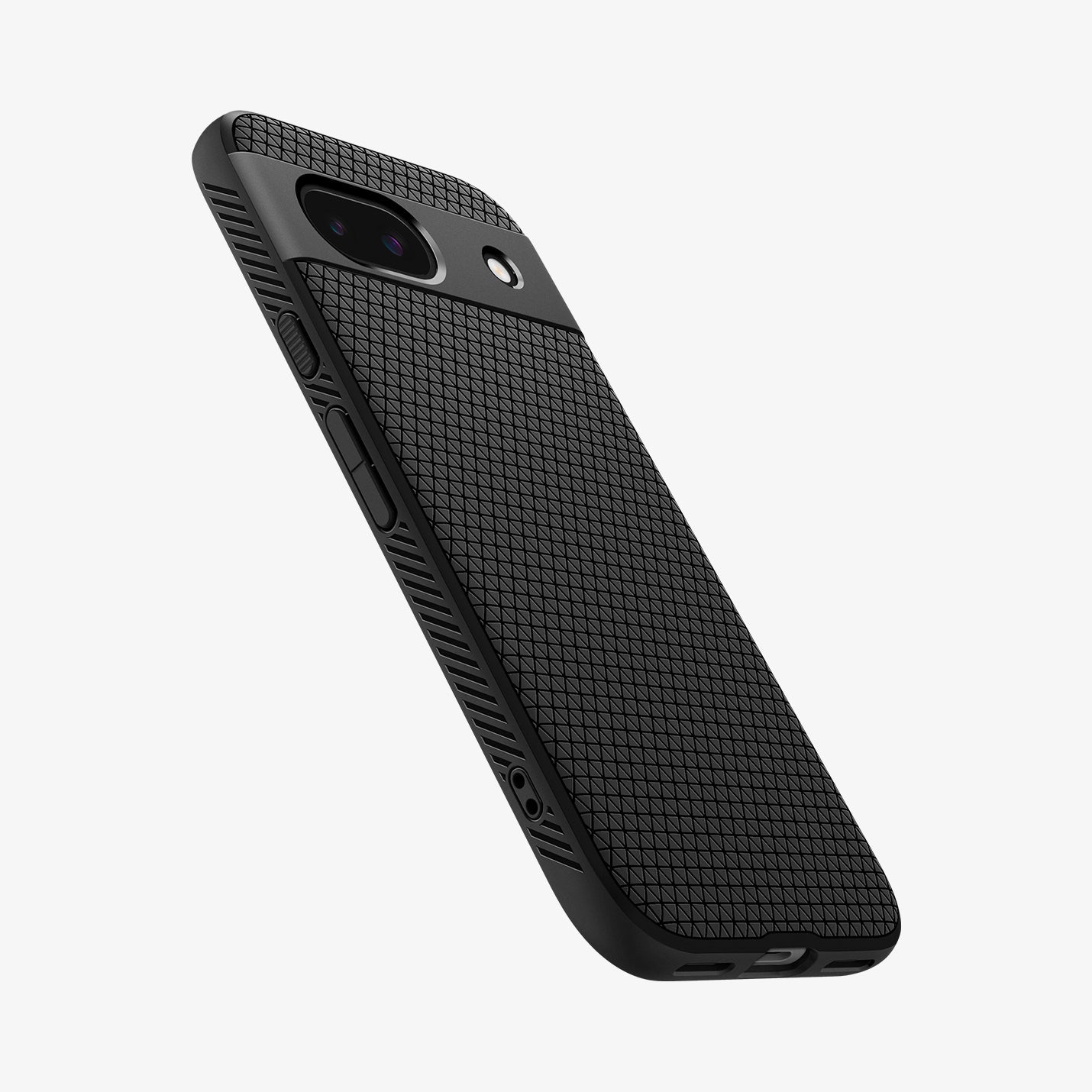 ACS07257 - Pixel 8a Case Liquid Air in Matte Black showing the back, partial side with side buttons and bottom
