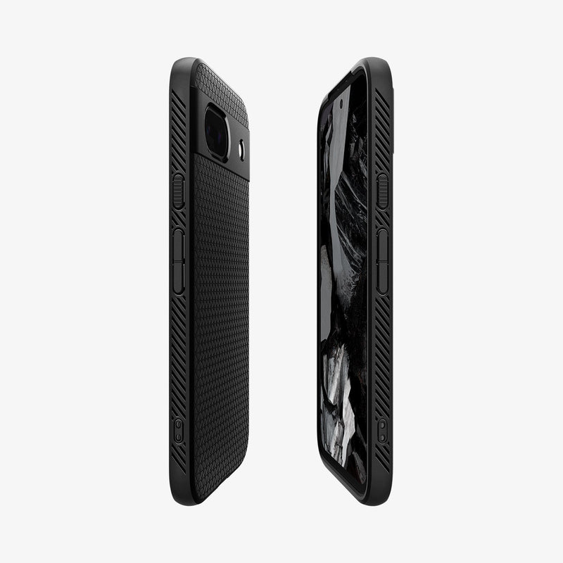 ACS07257 - Pixel 8a Case Liquid Air in Matte Black showing the partial back, partial front, and partial sides both devices aligned with each other