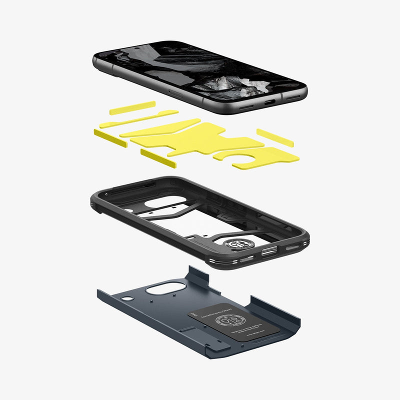ACS07265 - Pixel 8a Case Tough Armor in Metal Slate showing the device hovering above the impact foam detached from a tpu frame and back hard layer of the case