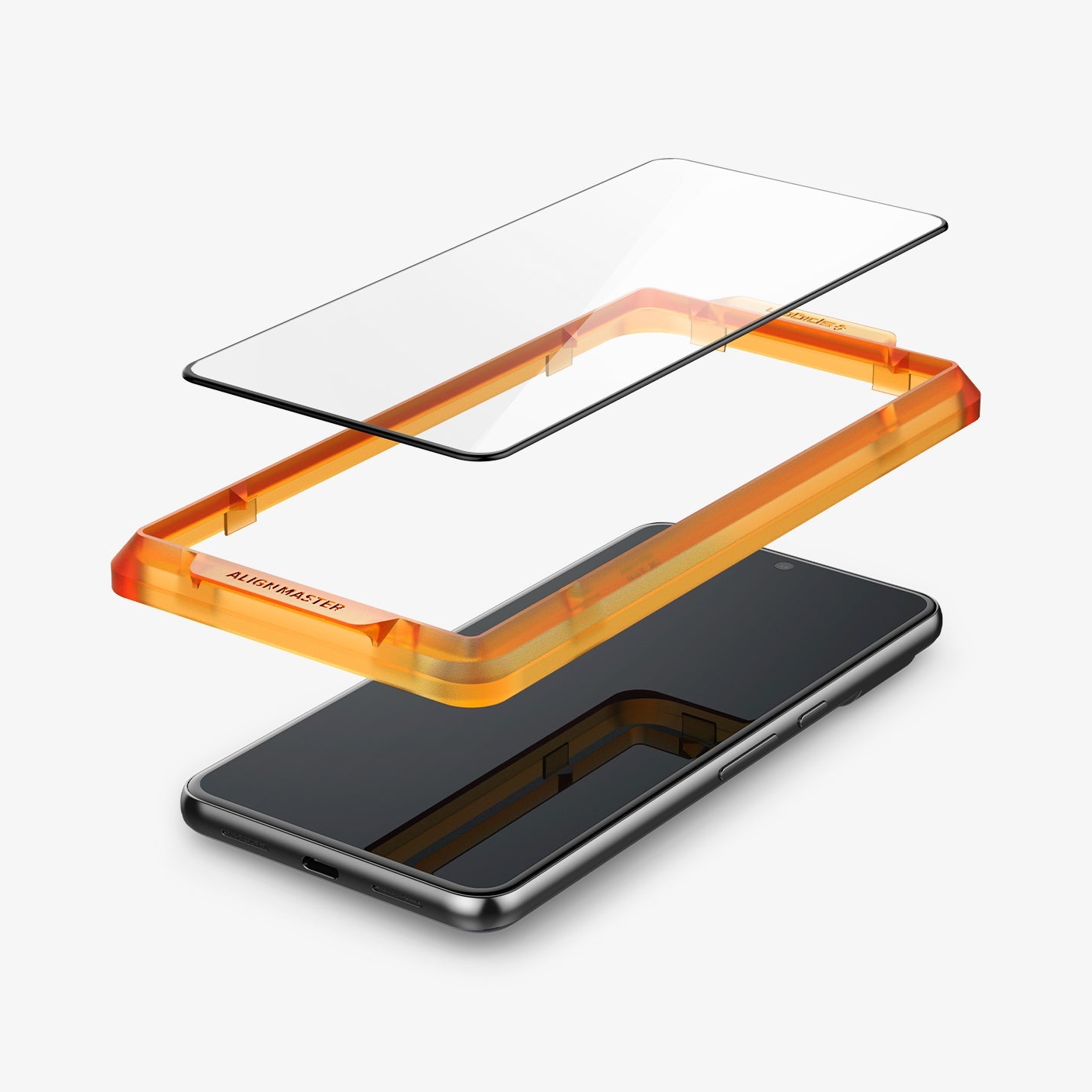 AGL06350 - Pixel 8 Alignmaster Screen Protector showing the screen protector and alignment tray hovering above the device