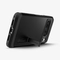 ACS06319 - Pixel 8 Pro Case Tough Armor in black showing the back and bottom with device propped up by built in kickstand