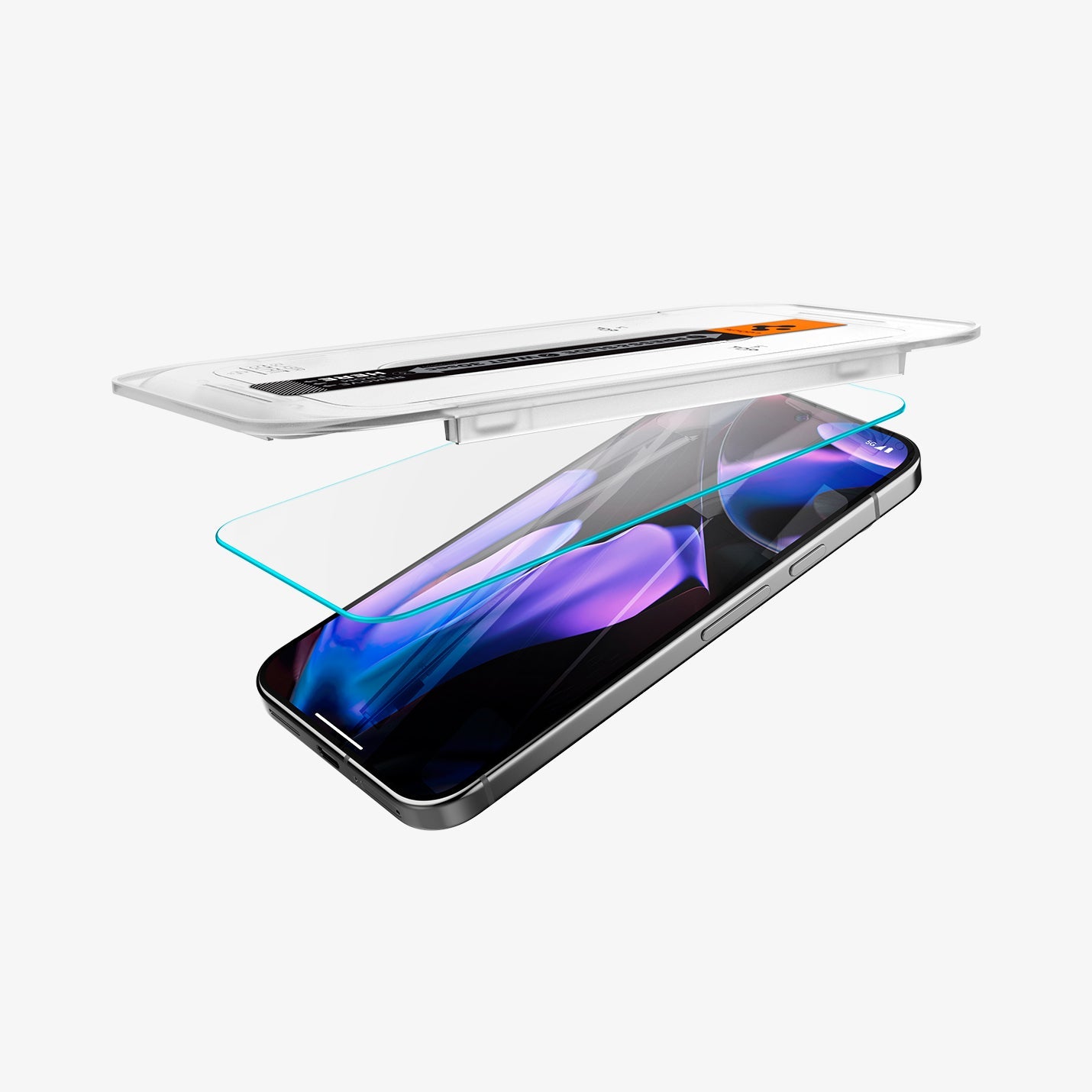 AGL08445 - Pixel 9 Pro XL GLAS.tR EZ Fit in Clear showing the installation tray partially hovering above the screen protector and the device