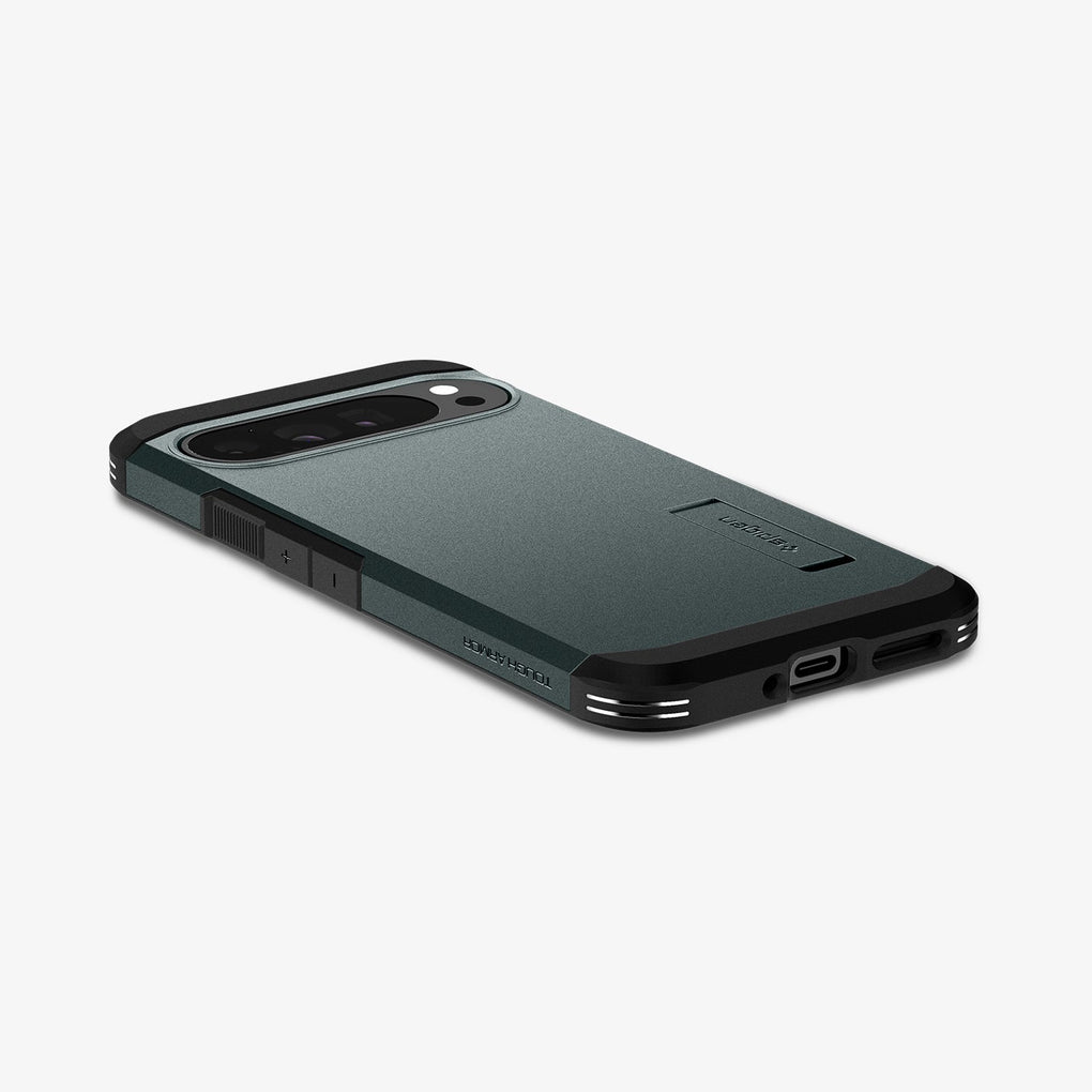 ACS07728 - Pixel 9 Pro XL Case Tough Armor in Abyss Green showing the back, partial side and bottom on a flat surface