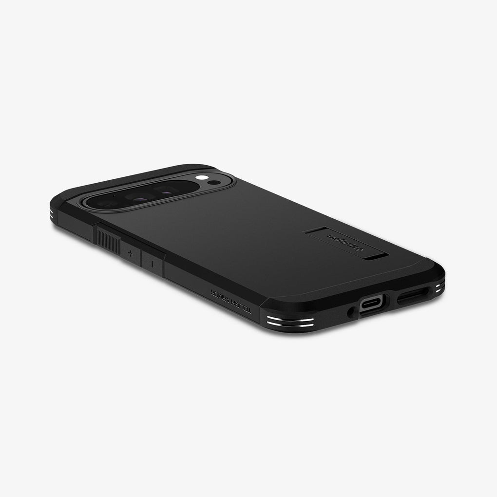 ACS07726 - Pixel 9 Pro XL Case Tough Armor in Black showing the back, partial side and bottom on a flat surface