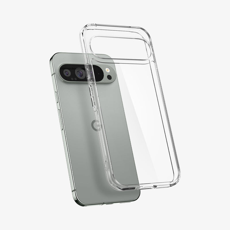 ACS07721 - Pixel 9 Pro XL Case Ultra Hybrid in Crystal Clear showing the back, partial side hovering in front of the device