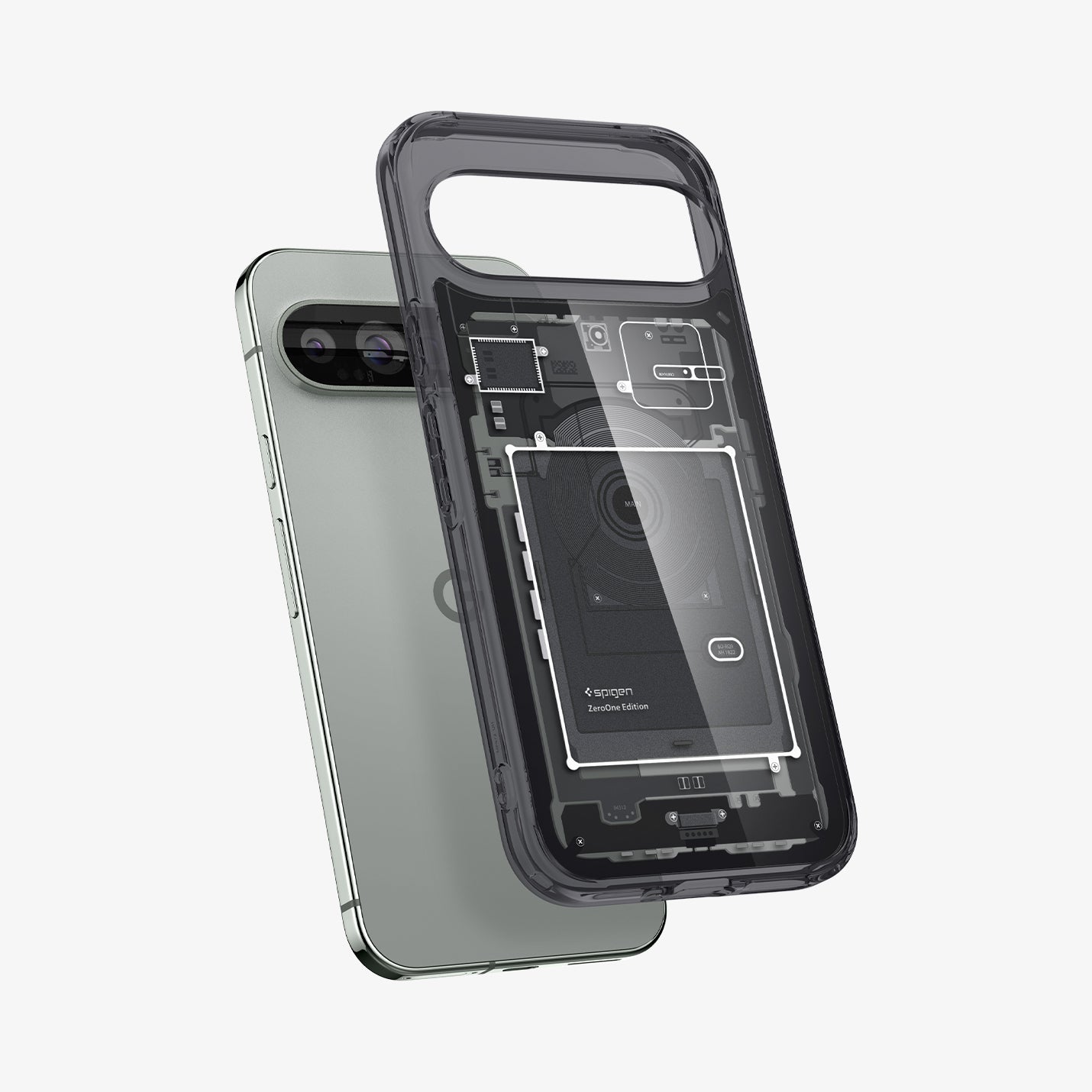 ACS07722 - Pixel 9 Pro XL Case Ultra Hybrid Zero One in Zero One showing the back, partial side hovering in front of the device