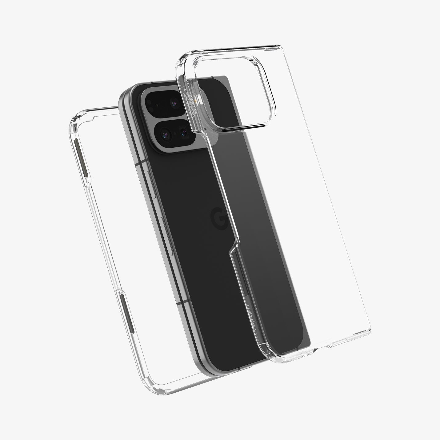 ACS07588 - Pixel 9 Pro Fold Case Ultra Hybrid in Crystal Clear showing the back, hovering above the device and front cover