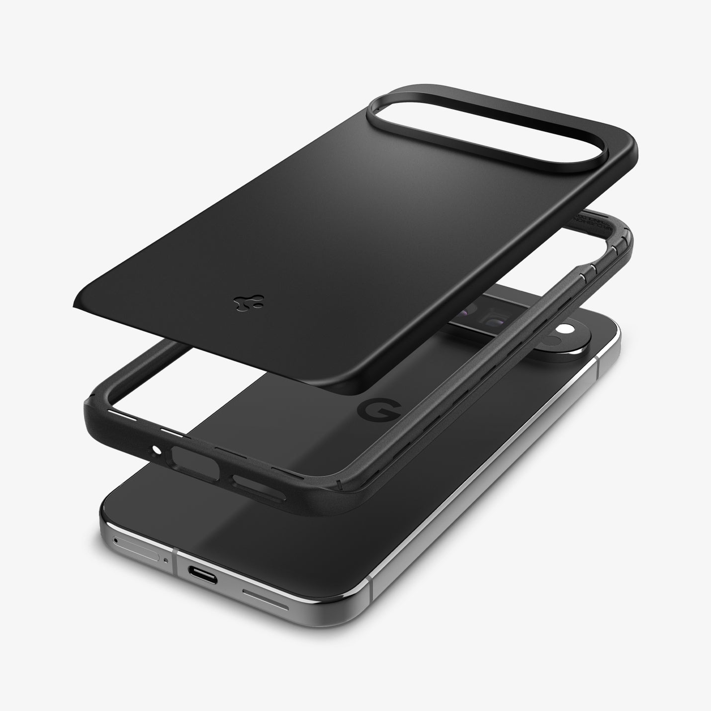 ACS07731 - Pixel 9 Pro XL Case Thin Fit in Black showing the back hovering above the detached frame and the device