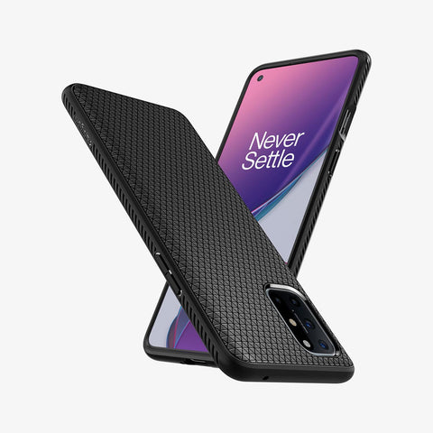 ACS02060 - OnePlus 8T Liquid Air Case in Matte Black showing the back, partial side, next to it showing front and partial side