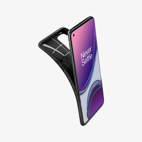 ACS02060 - OnePlus 8T Liquid Air Case in Matte Black showing the front of device, partial side with the case partially peeled from behind showing partial inner case