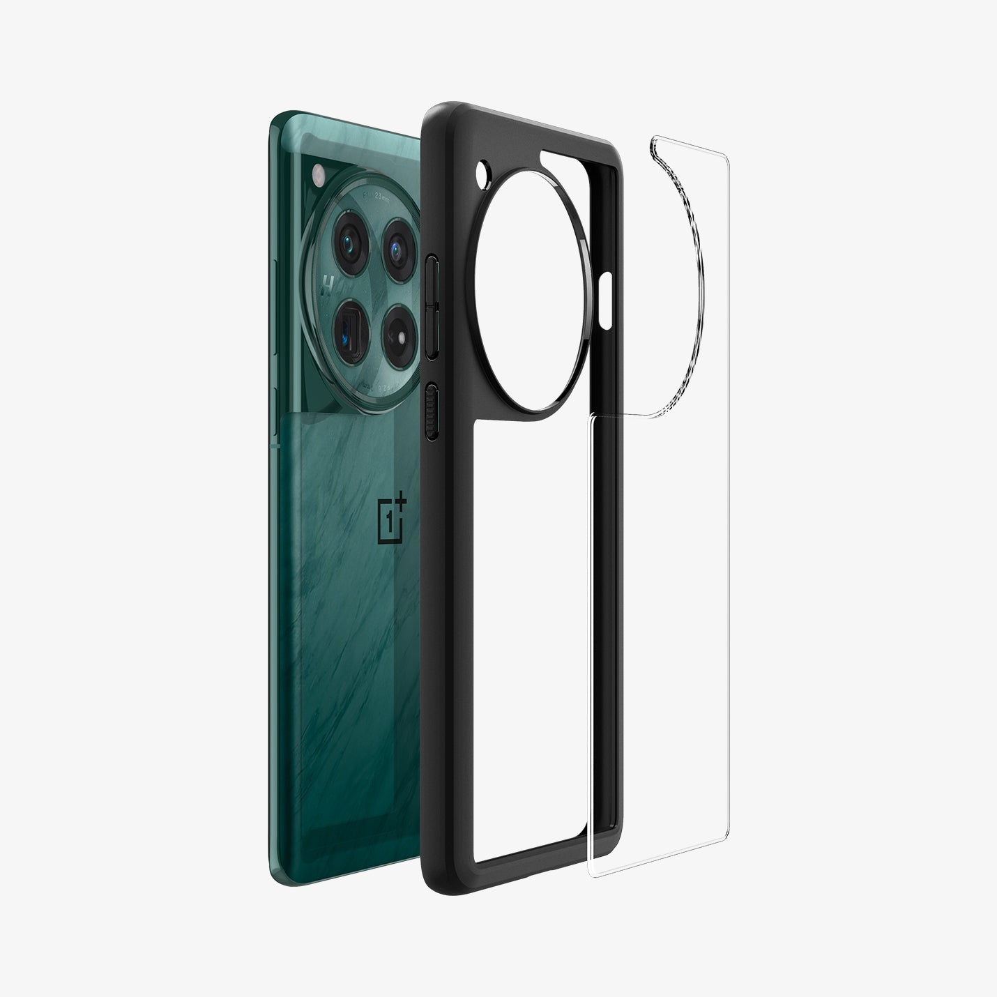 ACS07378 - OnePlus 12 Case Ultra Hybrid in Matte Black showing the clear tpu back cover detached and aligned from the dark tpu frame and a device