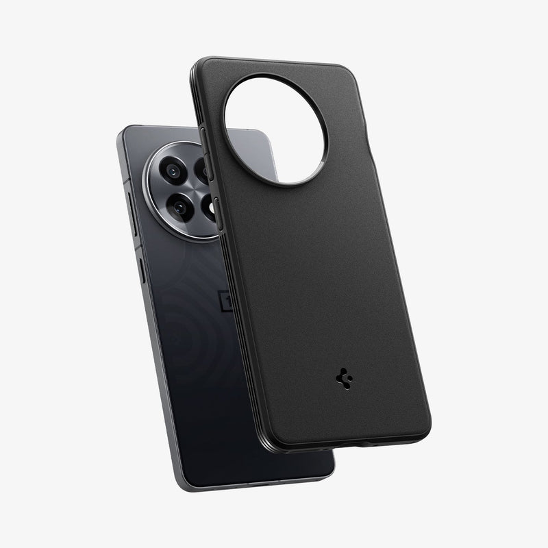 ACS09369 - OnePlus 13R Case Sand Blast in Matte Black showing the back, partial side and bottom hovering above the device