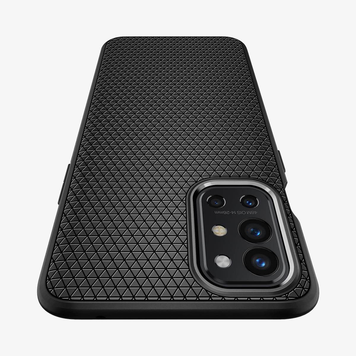 ACS02764 - OnePlus 9R Liquid Air Case in Matte Black showing the back, partial top and camera zoomed in