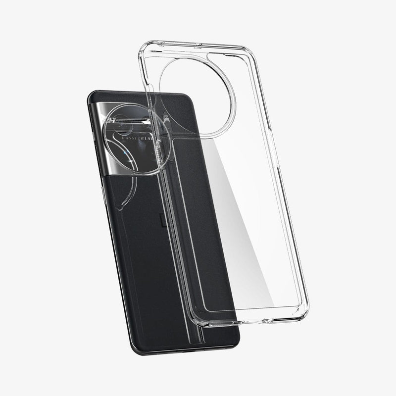 ACS05802 - OnePlus 11 Series Ultra Hybrid Case in Crystal Clear showing the transparent back case hovering in front of device