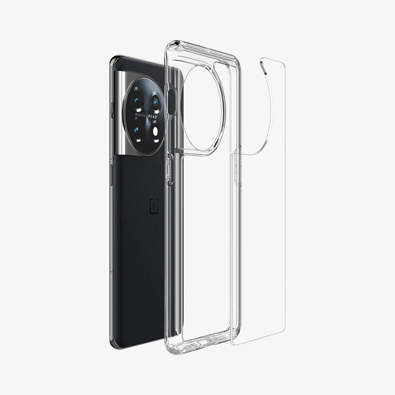 ACS05802 - OnePlus 11 Series Ultra Hybrid Case in Crystal Clear showing the transparent back case detached from the frame paralleled with the device