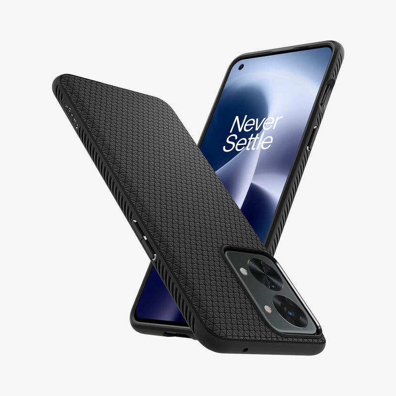 ACS05246 - OnePlus Nord 2T 5G Liquid Air Case in Matte Black showing the back, partial side, next to it showing front and partial side