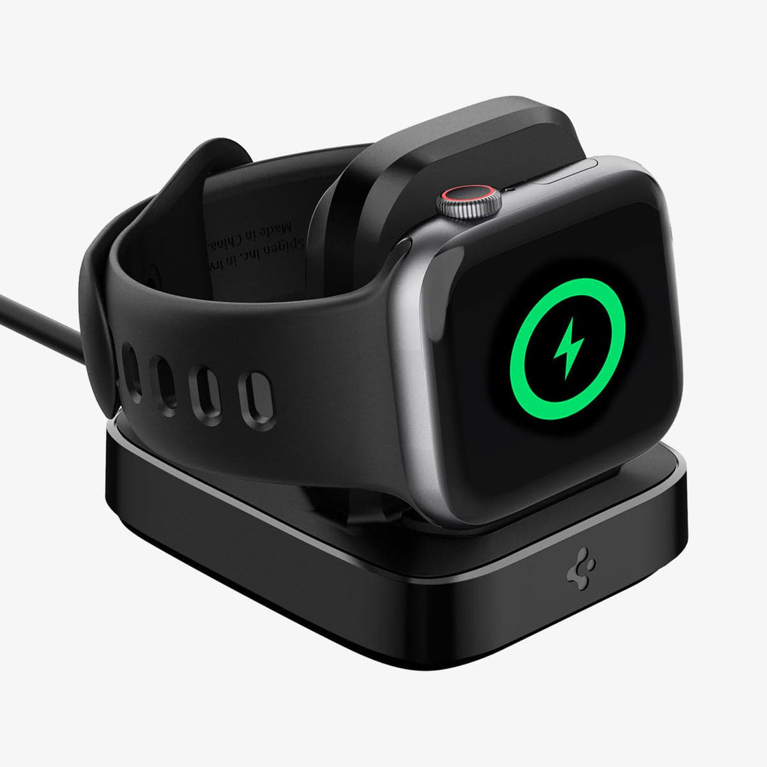 000CH25522 - Apple Watch ArcField Wireless Charger PF2002 in black showing the front, side and top with apple watch charging on stand