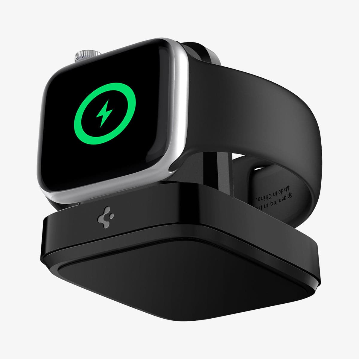 000CH25522 - Apple Watch ArcField Wireless Charger PF2002 in black showing the front, side and bottom with apple watch on stand charging