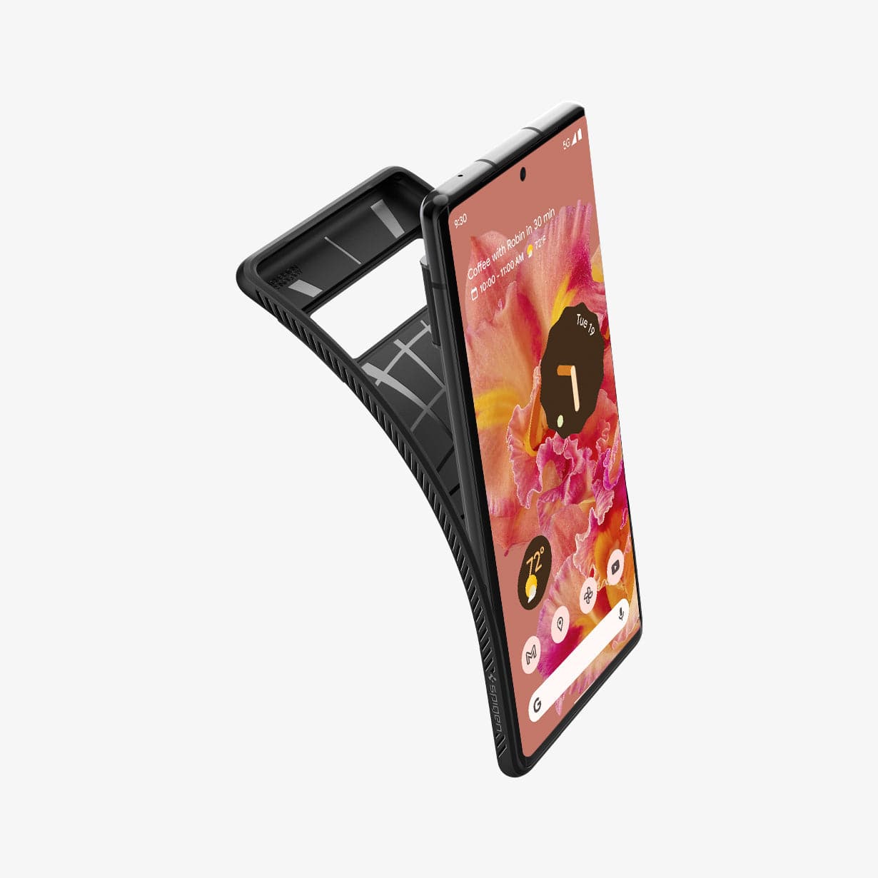 ACS03455 - Pixel 6 Pro Case Liquid Air in black showing the case bending away from device to show the flexibility