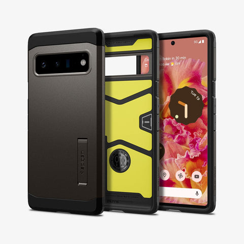 ACS03462 - Pixel 6 Pro Case Tough Armor in gunmetal showing the back, inside and front