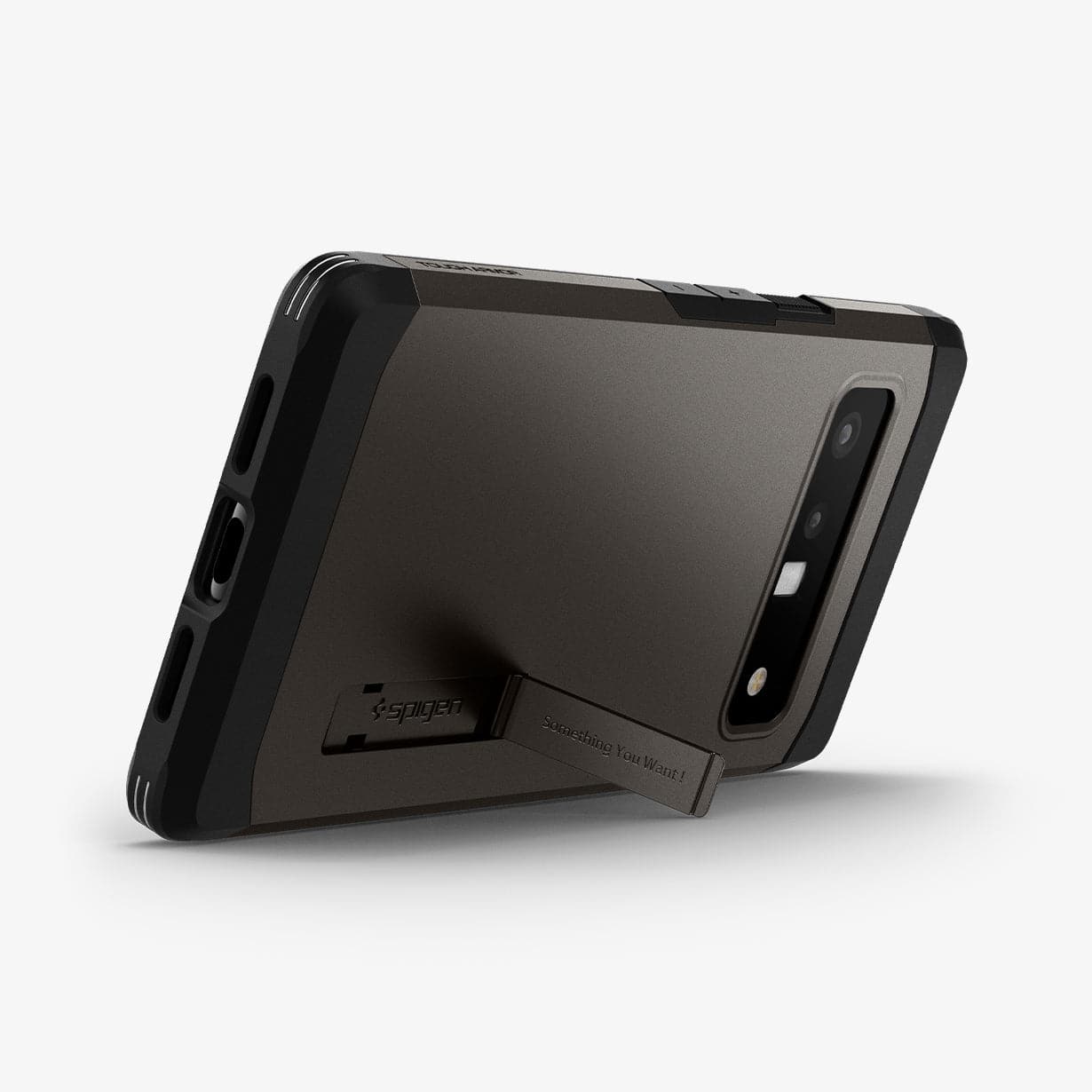 ACS03462 - Pixel 6 Pro Case Tough Armor in gunmetal showing the back and bottom with device propped up horizontally by built in kickstand
