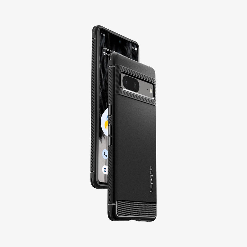ACS04698 - Pixel 7 Case Rugged Armor in matte black showing the sides, partial front and back