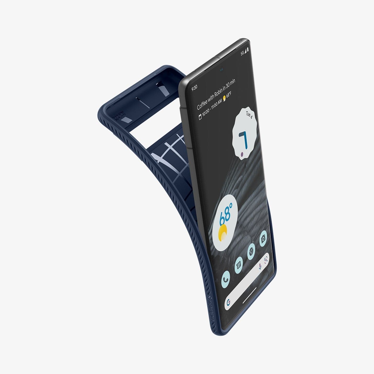 ACS04724 - Pixel 7 Pro Case Liquid Air in navy blue showing the back bending away from device to show the flexibility