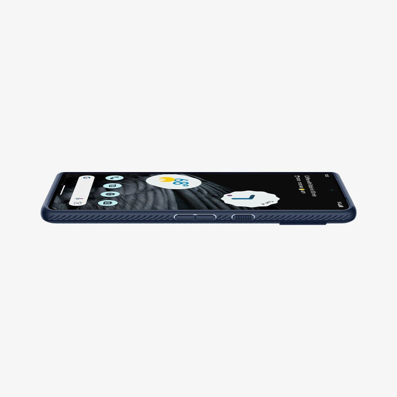 ACS04724 - Pixel 7 Pro Case Liquid Air in navy blue showing the front and side with device laying flat