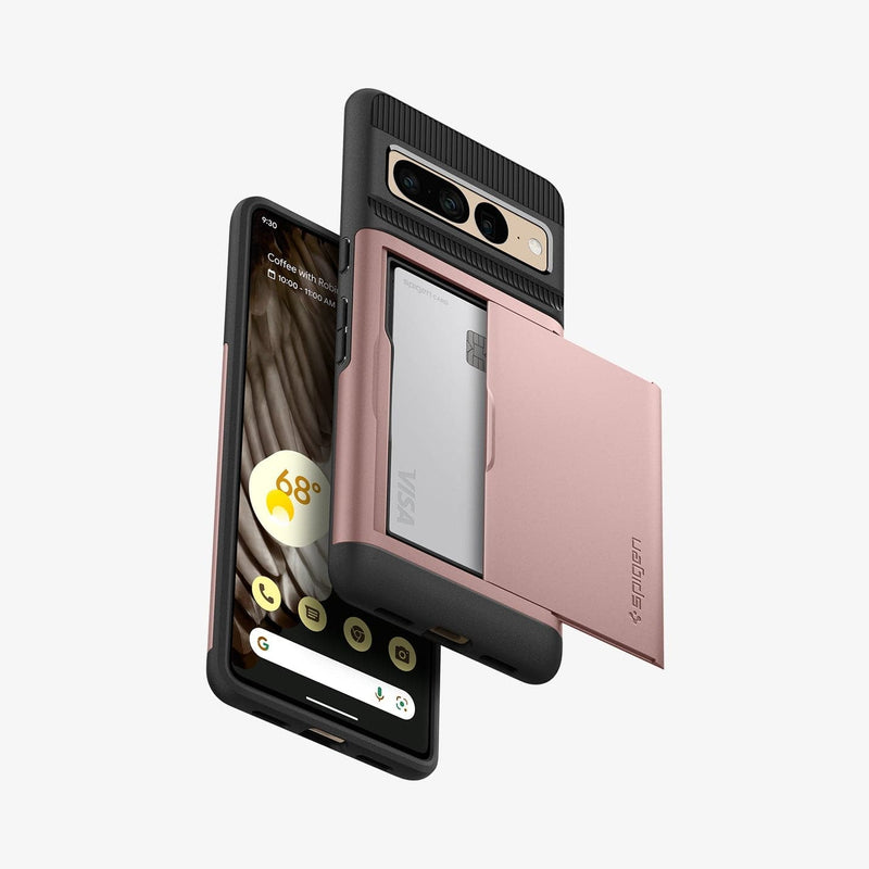 ACS04732 - Pixel 7 Pro Case Slim Armor CS in rose gold showing the back with card in slot, sides and front