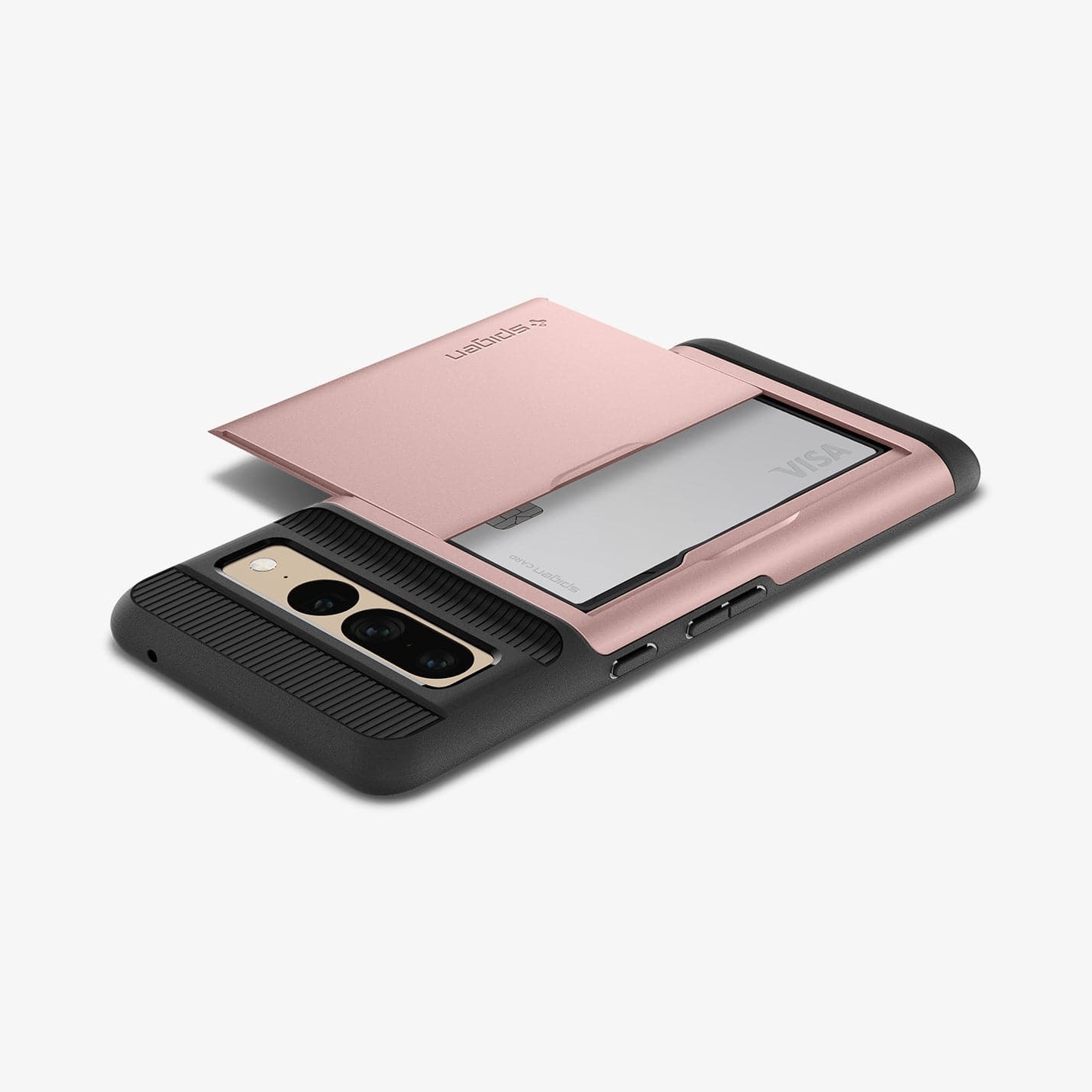 ACS04732 - Pixel 7 Pro Case Slim Armor CS in rose gold showing the back with card in slot and device laying flat