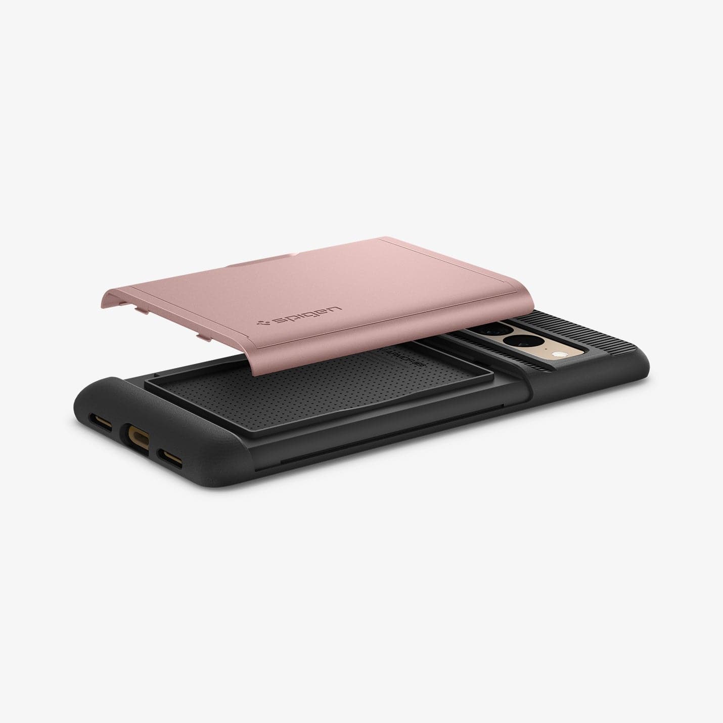 ACS04732 - Pixel 7 Pro Case Slim Armor CS in rose gold showing the back card slot cover hovering above case