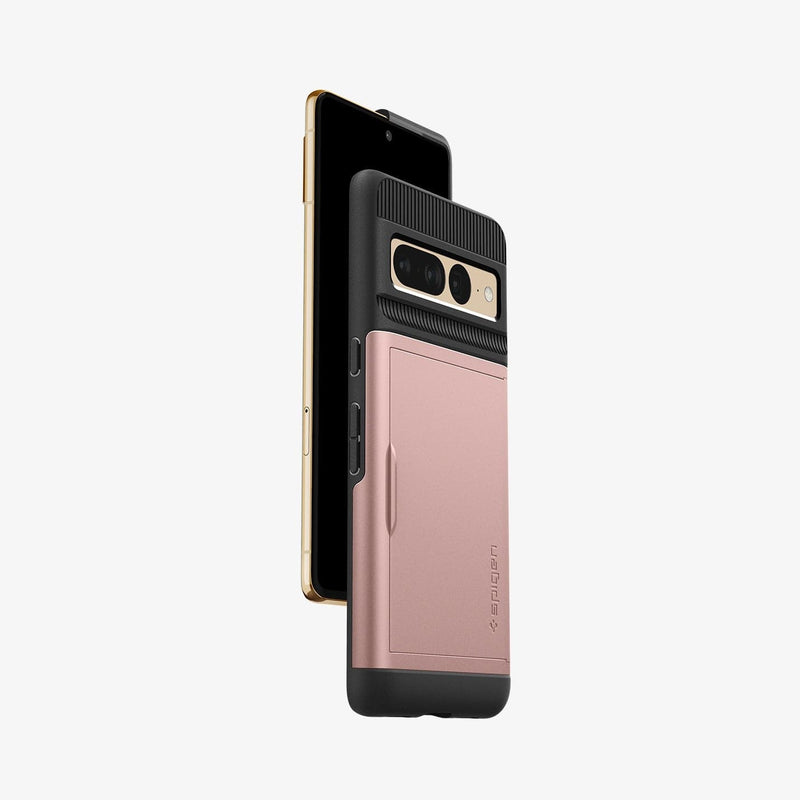 ACS04732 - Pixel 7 Pro Case Slim Armor CS in rose gold showing the back, sides and partial front and case half cut