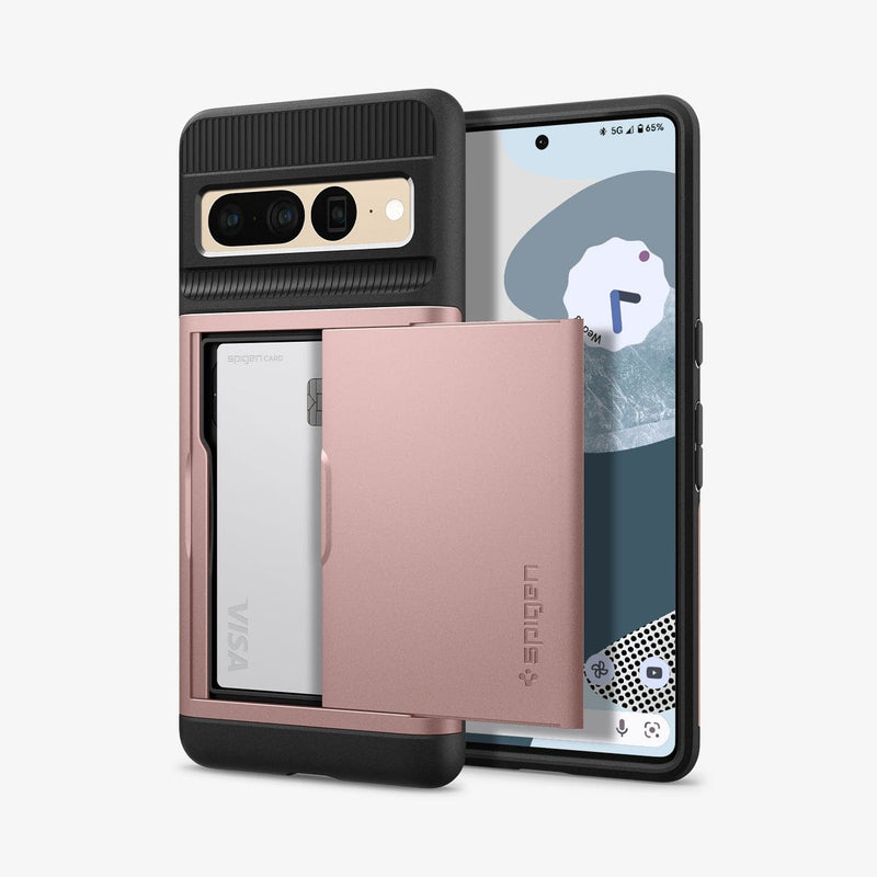 ACS04732 - Pixel 7 Pro Case Slim Armor CS in rose gold showing the back and front with card in slot