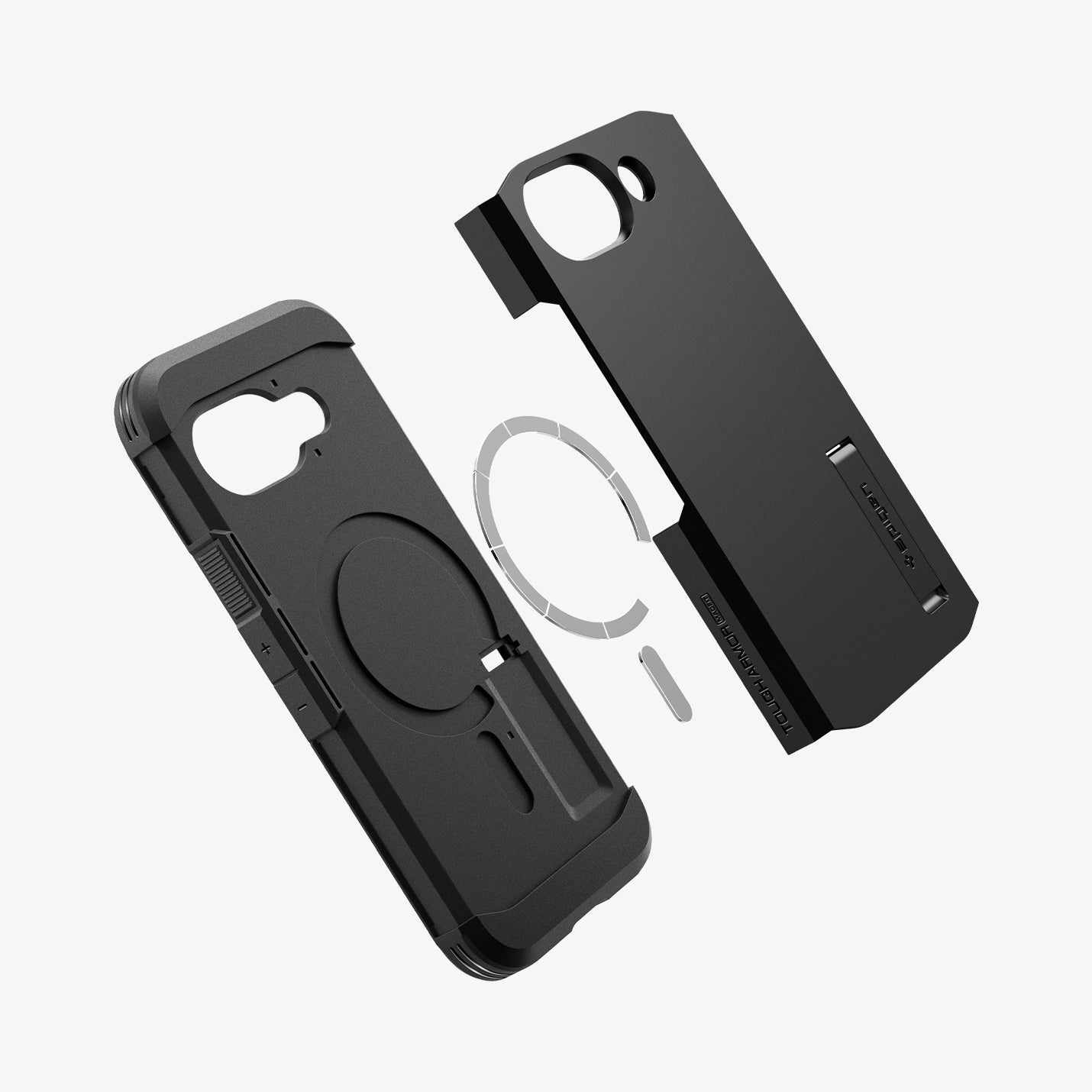 ACS09046 - Pixel 9a Case Tough Armor AI (MagFit) in Black showing the back cover, hovering in front of the detached metal ring and the body of the case