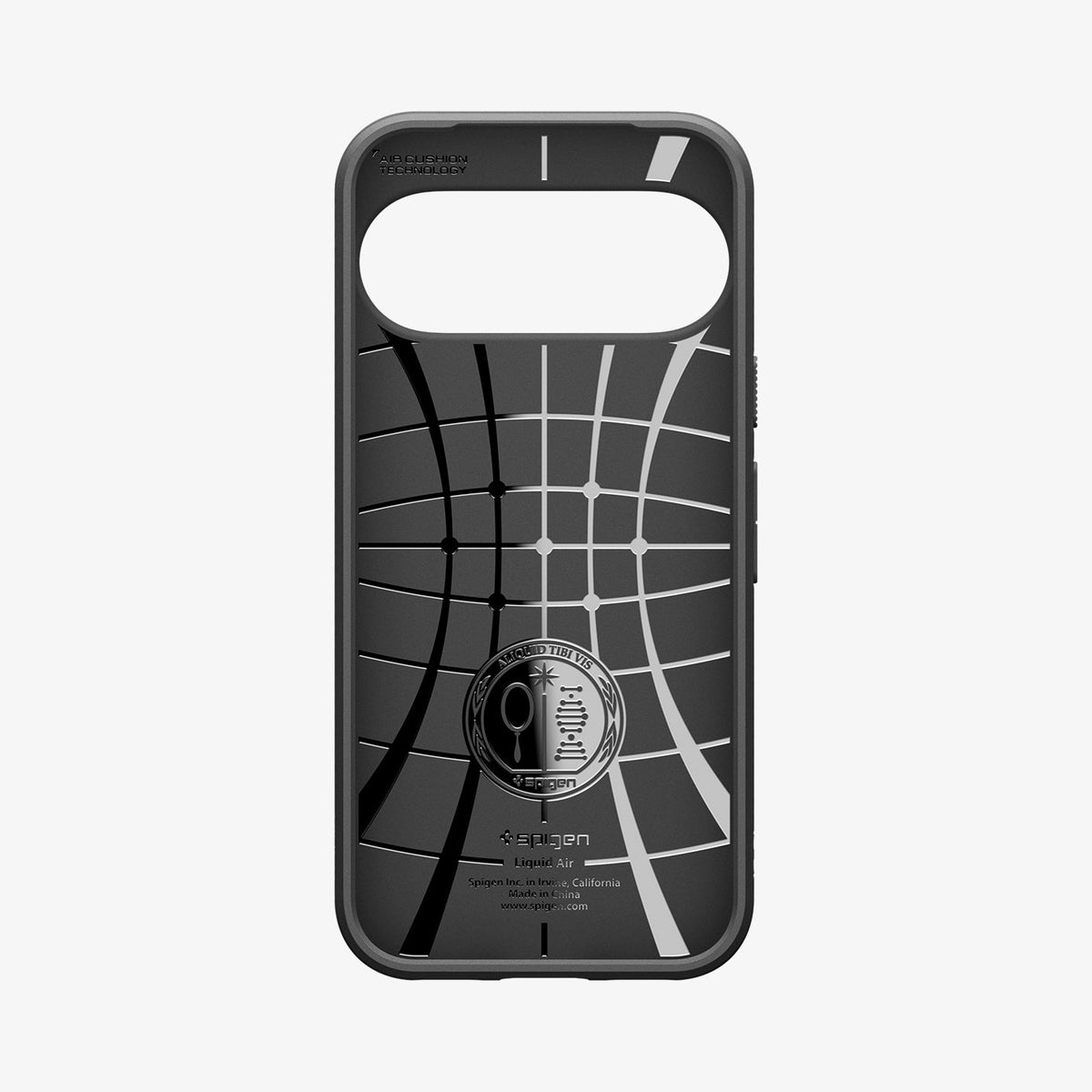 ACS11438 - Pixel 11 Liquid Air Matte Black interior view showing Air Cushion Technology, flexible TPU construction, and internal impact pattern.