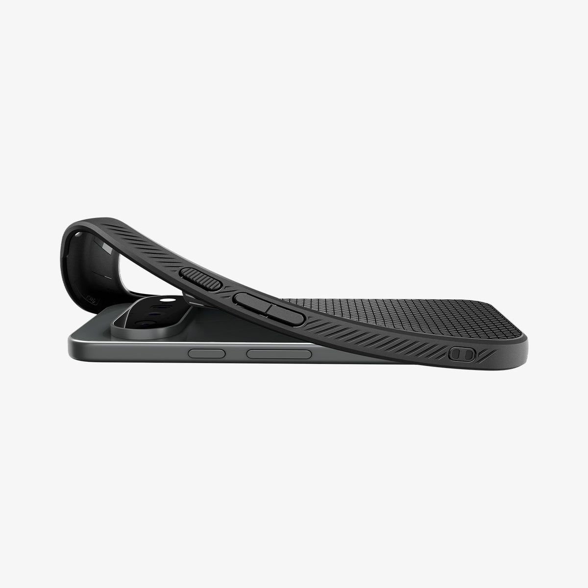 ACS11438 - Pixel 11 Liquid Air Matte Black flexible TPU case shown during installation on a Google Pixel device.