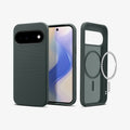 ACS11853 - Pixel 11 Liquid Air (Mag Fit) Abyss Green front and back angled views showing the geometric textured pattern, built in magnetic ring, and Air Cushion Technology.
