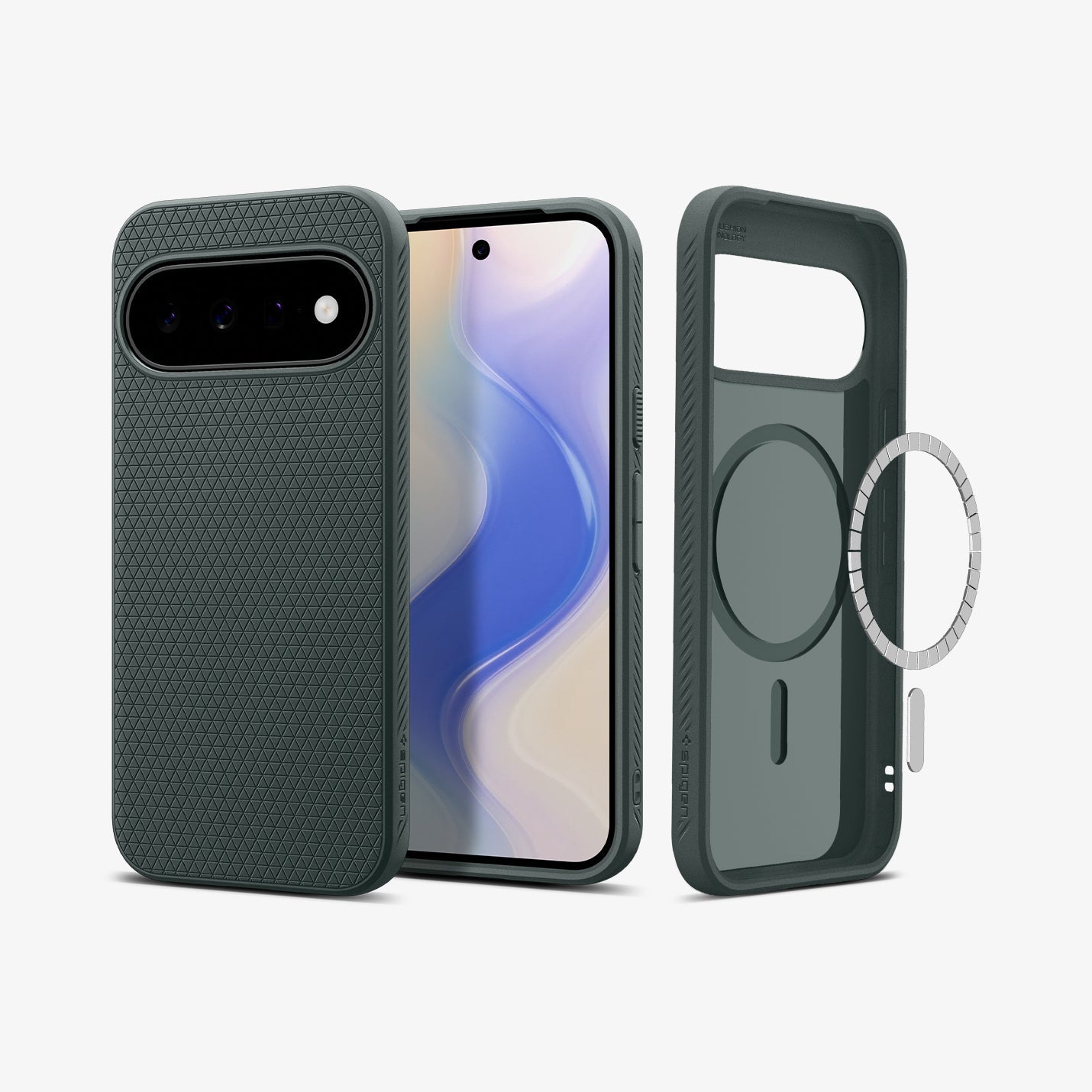 ACS11853 - Pixel 11 Liquid Air (Mag Fit) Abyss Green front and back angled views showing the geometric textured pattern, built in magnetic ring, and Air Cushion Technology.