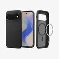 ACS11429 - Pixel 11 Pro  Liquid Air (Mag Fit) Matte Black front and back angled views showing the geometric textured pattern, built in magnetic ring, and Air Cushion Technology.