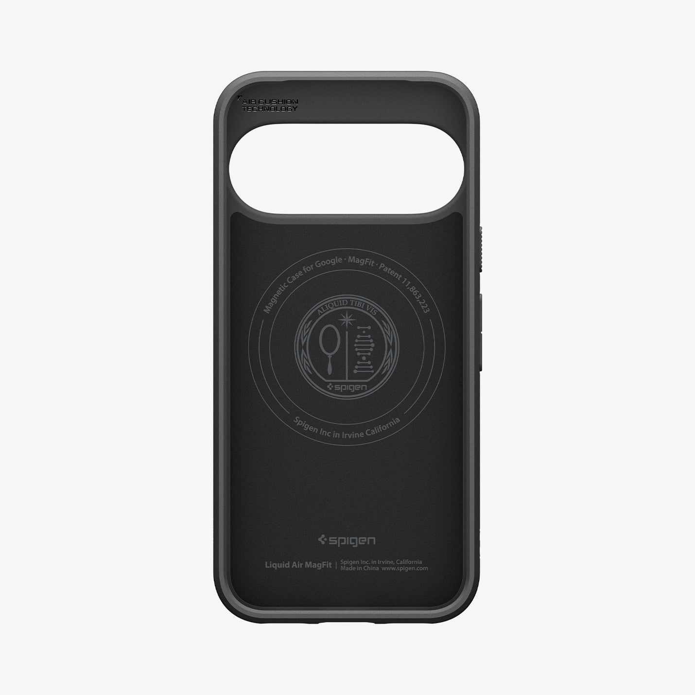 ACS11429 - Pixel 11 Pro  Liquid Air (Mag Fit) Matte Black interior view showing the built in magnetic ring, Air Cushion Technology, and Liquid Air MagFit branding.